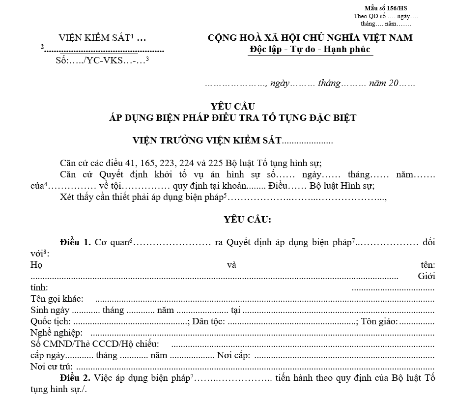 Mẫu yêu cầu áp dụng biện pháp điều tra tố tụng đặc biệt Mẫu yêu cầu áp dụng biện pháp điều tra tố tụng đặc biệt