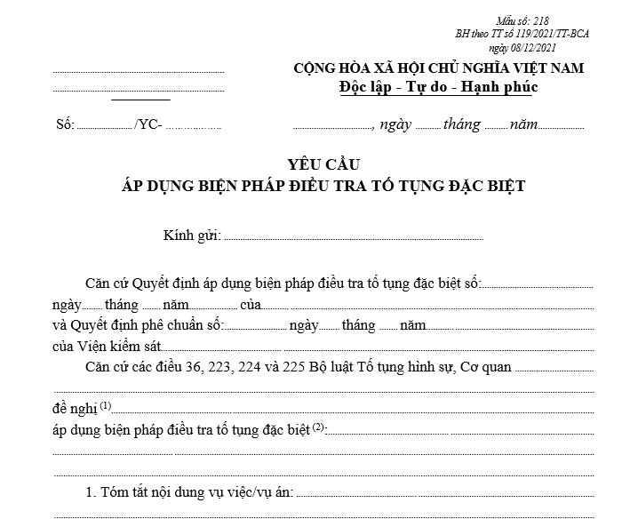 Mẫu yêu cầu áp dụng biện pháp điều tra tố tụng đặc biệt Mẫu yêu cầu áp dụng biện pháp điều tra tố tụng đặc biệt