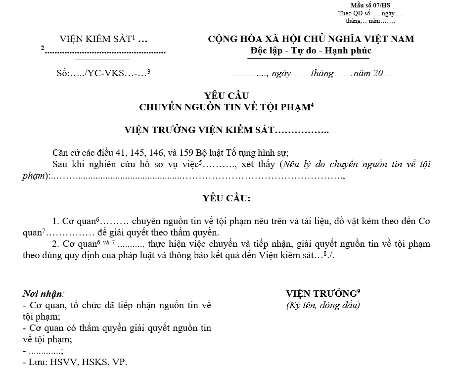 Mẫu yêu cầu chuyển nguồn tin về tội phạm Mẫu yêu cầu chuyển nguồn tin về tội phạm