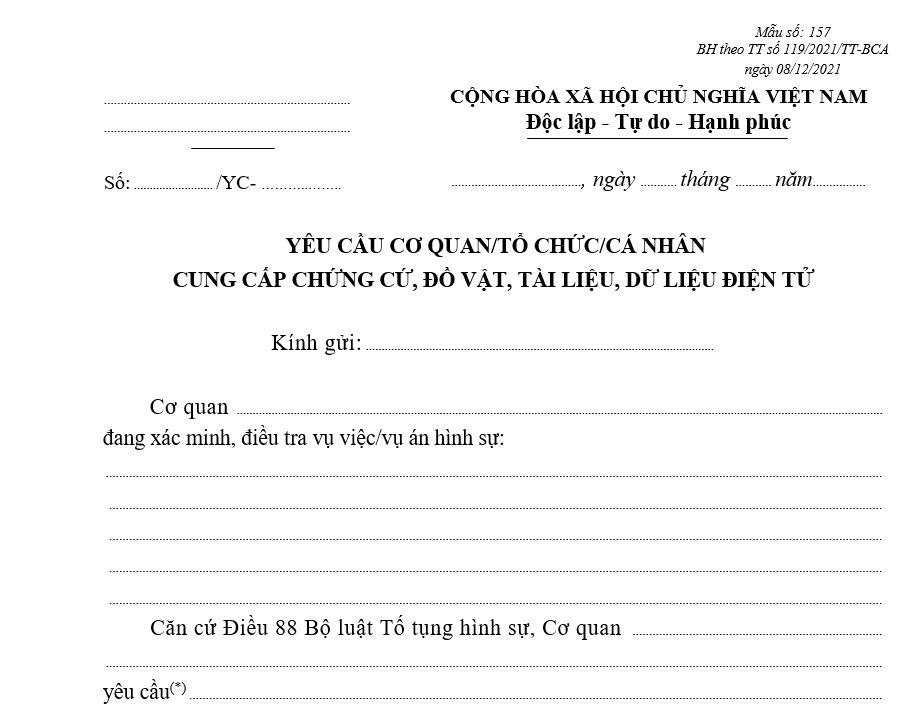 Mẫu yêu cầu cơ quan, tổ chức, cá nhân cung cấp chứng cứ, đồ vật, tài liệu, dữ liệu điện tử Mẫu yêu cầu cơ quan, tổ chức, cá nhân cung cấp chứng cứ, đồ vật, tài liệu, dữ liệu điện tử