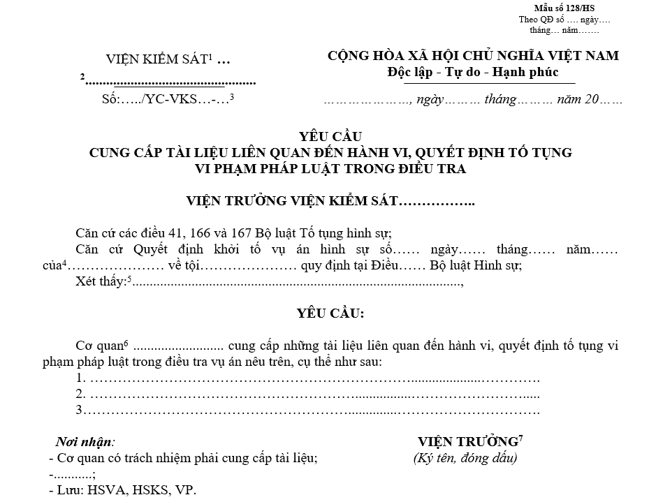 Mẫu yêu cầu cung cấp tài liệu liên quan đến hành vi, quyết định tố tụng có vi phạm pháp luật trong điều tra Mẫu yêu cầu cung cấp tài liệu liên quan đến hành vi, quyết định tố tụng có vi phạm pháp luật trong điều tra