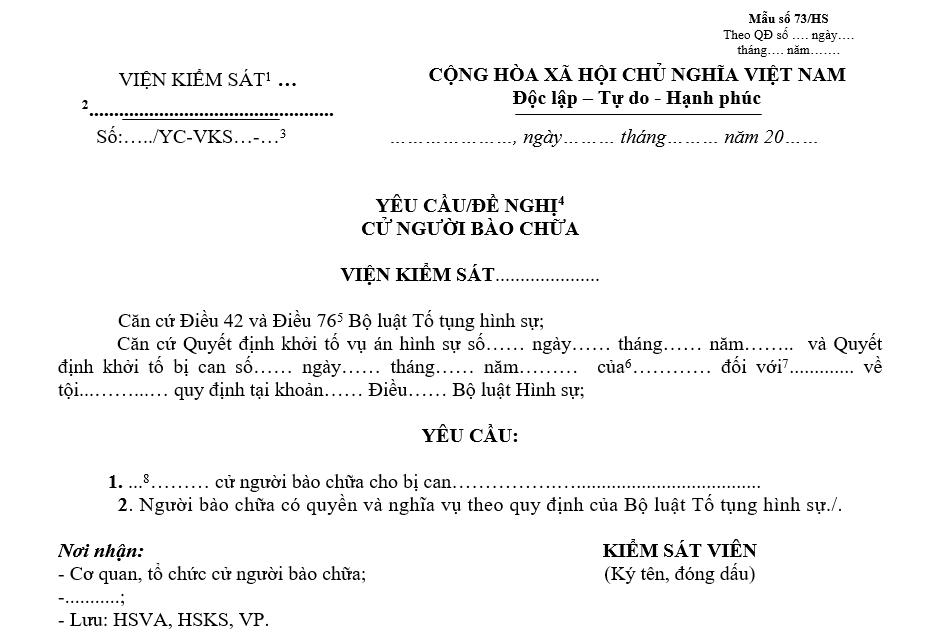 Mẫu yêu cầu/đề nghị cử người bào chữa Mẫu yêu cầu/đề nghị cử người bào chữa