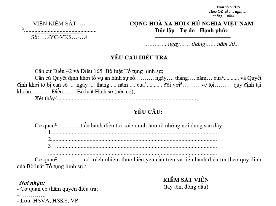 Mẫu yêu cầu điều tra Mẫu yêu cầu điều tra