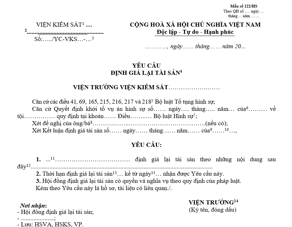 Mẫu yêu cầu định giá lại tài sản Mẫu yêu cầu định giá lại tài sản