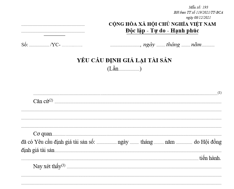 Mẫu yêu cầu định giá lại tài sản Mẫu yêu cầu định giá lại tài sản