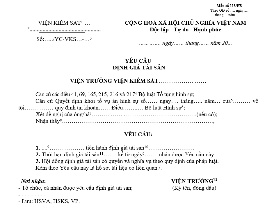 Mẫu yêu cầu định giá tài sản Mẫu yêu cầu định giá tài sản