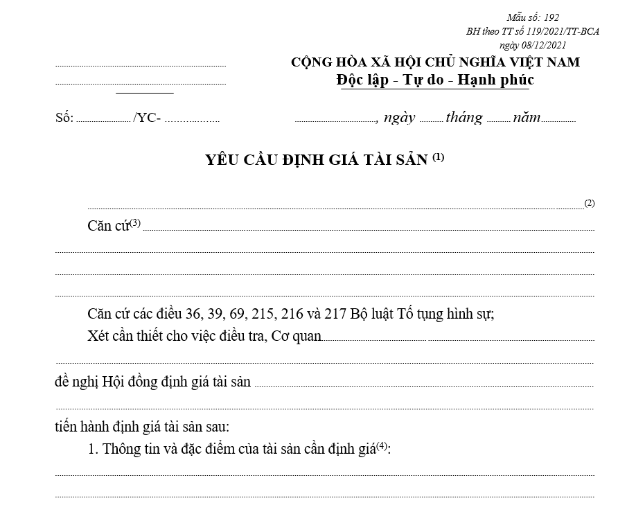 Mẫu yêu cầu định giá tài sản Mẫu yêu cầu định giá tài sản
