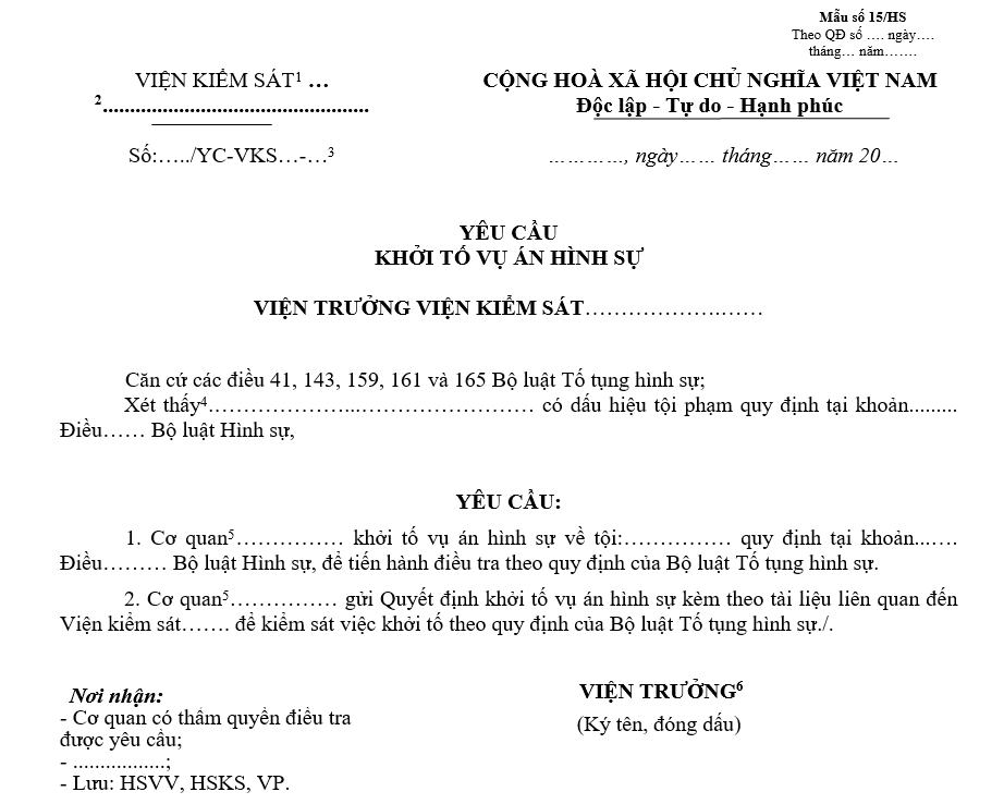 Mẫu yêu cầu khởi tố vụ án hình sự Mẫu yêu cầu khởi tố vụ án hình sự