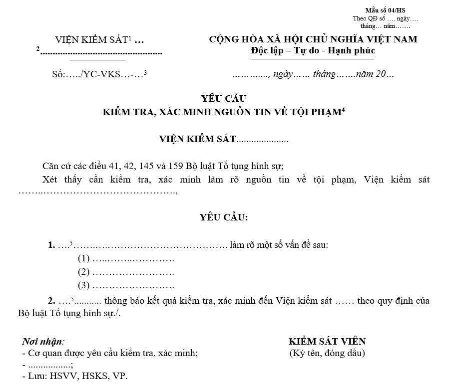 Mẫu yêu cầu kiểm tra, xác minh nguồn tin về tội phạm Mẫu yêu cầu kiểm tra, xác minh nguồn tin về tội phạm