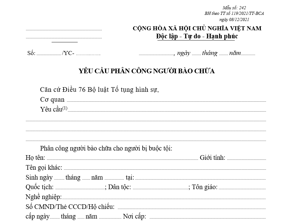 Mẫu yêu cầu phân công người bào chữa (Trong trường hợp chỉ định người bào chữa) Mẫu yêu cầu phân công người bào chữa (Trong trường hợp chỉ định người bào chữa)