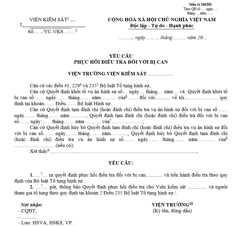 Mẫu yêu cầu phục hồi điều tra đối với bị can Mẫu yêu cầu phục hồi điều tra đối với bị can