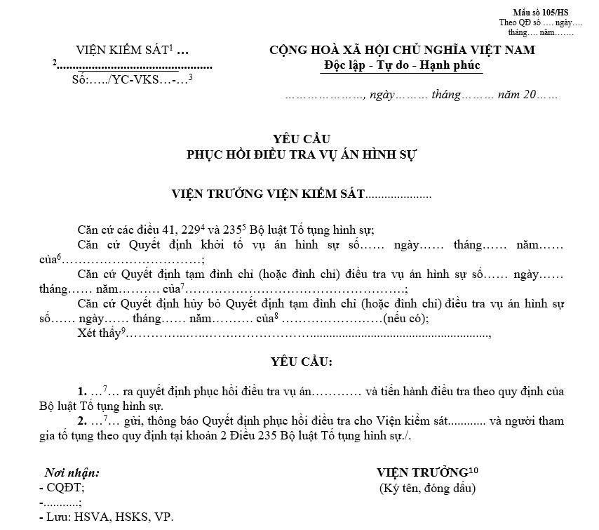 Mẫu yêu cầu phục hồi điều tra vụ án hình sự Mẫu yêu cầu phục hồi điều tra vụ án hình sự