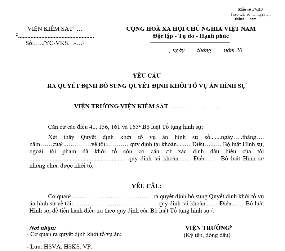 Mẫu yêu cầu ra quyết định bổ sung Quyết định khởi tố vụ án hình sự Mẫu yêu cầu ra quyết định bổ sung Quyết định khởi tố vụ án hình sự