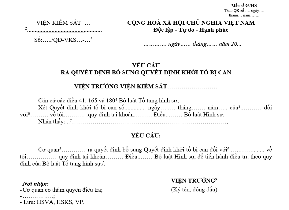 Mẫu yêu cầu ra quyết định bổ sung quyết định khởi tố bị can Mẫu yêu cầu ra quyết định bổ sung quyết định khởi tố bị can