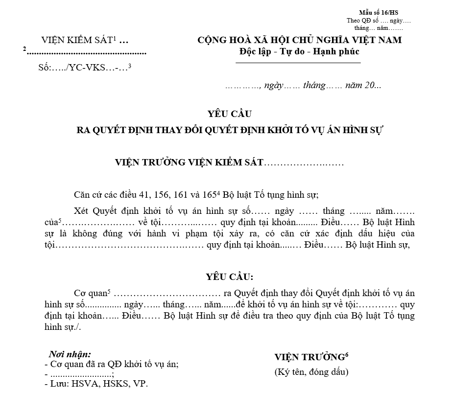 Mẫu yêu cầu ra quyết định thay đổi Quyết định khởi tố vụ án hình sự Mẫu yêu cầu ra quyết định thay đổi Quyết định khởi tố vụ án hình sự