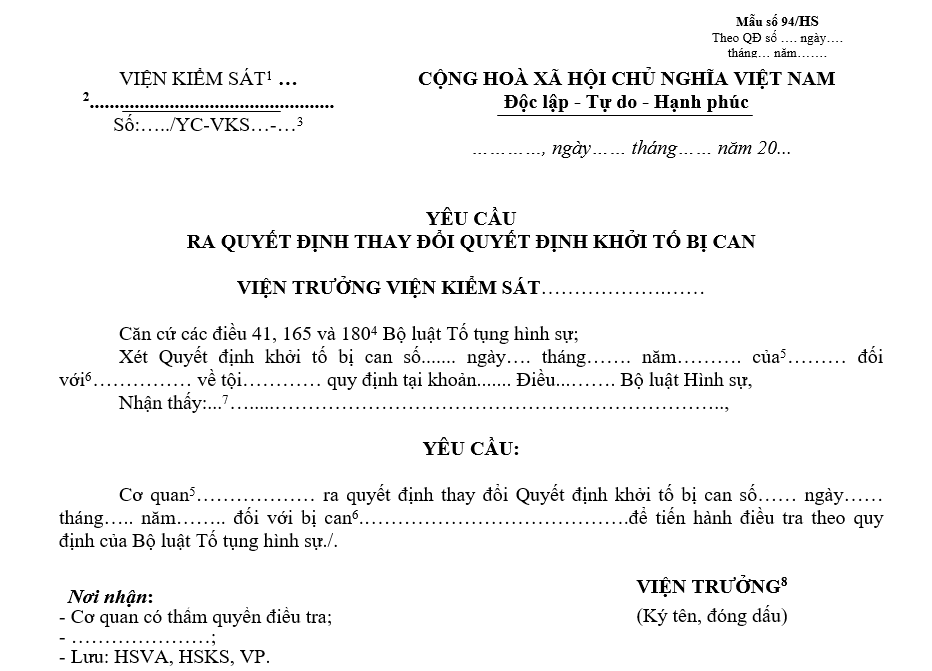 Mẫu yêu cầu ra quyết định thay đổi quyết định khởi tố bị can Mẫu yêu cầu ra quyết định thay đổi quyết định khởi tố bị can