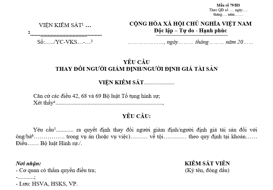 Mẫu yêu cầu thay đổi người giám định/người định giá tài sản Mẫu yêu cầu thay đổi người giám định/người định giá tài sản