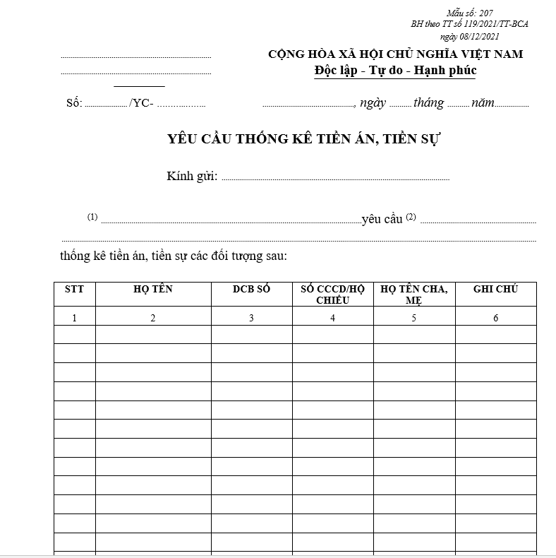 Mẫu yêu cầu thống kê tiền án, tiền sự Mẫu yêu cầu thống kê tiền án, tiền sự