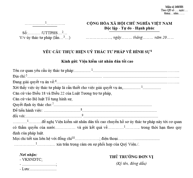 Mẫu yêu cầu thực hiện ủy thác tư pháp về hình sự Mẫu yêu cầu thực hiện ủy thác tư pháp về hình sự