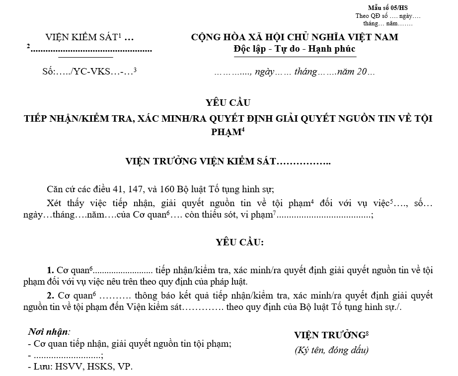 Mẫu yêu cầu tiếp nhận, kiểm tra, xác minh, ra quyết định giải quyết nguồn tin về tội phạm Mẫu yêu cầu tiếp nhận, kiểm tra, xác minh, ra quyết định giải quyết nguồn tin về tội phạm