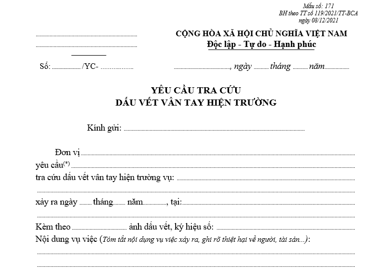 Mẫu yêu cầu tra cứu dấu vết vân tay hiện trường Mẫu yêu cầu tra cứu dấu vết vân tay hiện trường