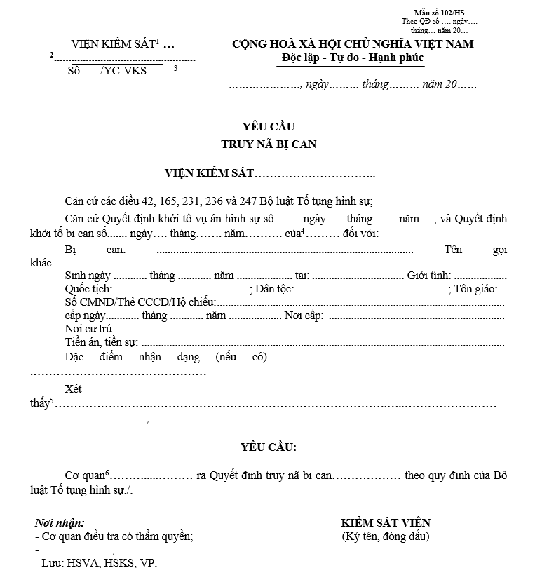 Mẫu yêu cầu truy nã bị can Mẫu yêu cầu truy nã bị can