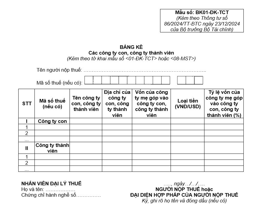 Mẫu Bảng kê các công ty con, công ty thành viên Mẫu Bảng kê các công ty con, công ty thành viên