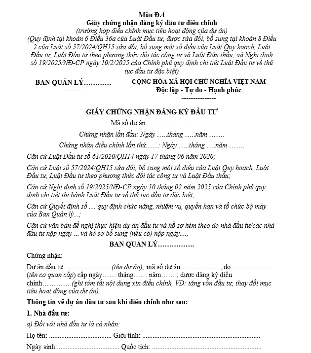 Mẫu Giấy chứng nhận đăng ký đầu tư điều chỉnh (trường hợp điều chỉnh mục tiêu hoạt động của dự án) Mẫu Giấy chứng nhận đăng ký đầu tư điều chỉnh (trường hợp điều chỉnh mục tiêu hoạt động của dự án)