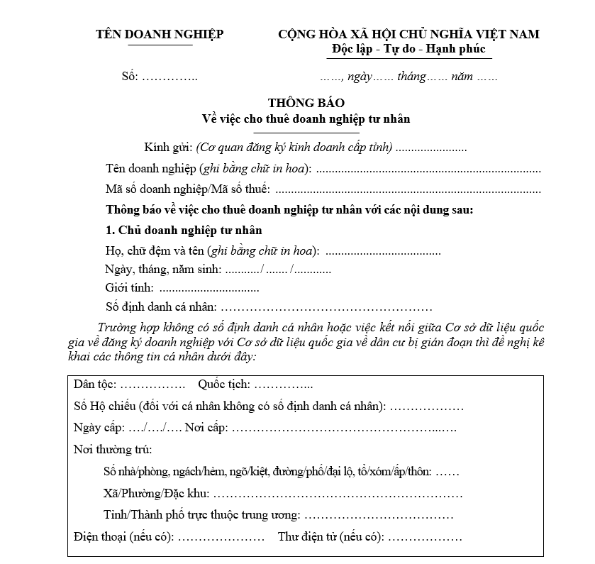 Mẫu Thông báo về việc cho thuê doanh nghiệp tư nhân Mẫu Thông báo về việc cho thuê doanh nghiệp tư nhân