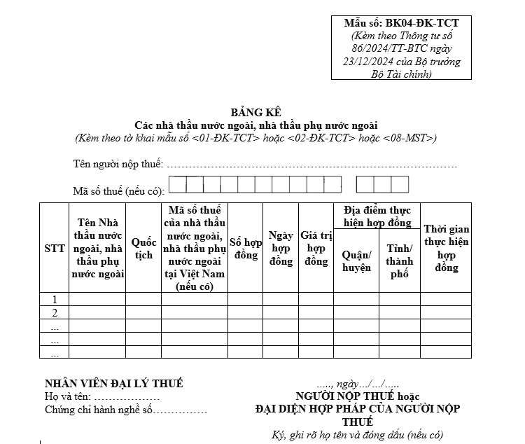 Mẫu bảng kê các nhà thầu nước ngoài, nhà thầu phụ nước ngoài Mẫu bảng kê các nhà thầu nước ngoài, nhà thầu phụ nước ngoài