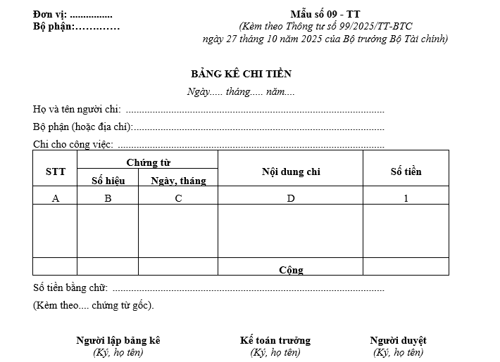 Mẫu bảng kê chi tiền từ 01/01/2026 Mẫu bảng kê chi tiền từ 01-01-2026