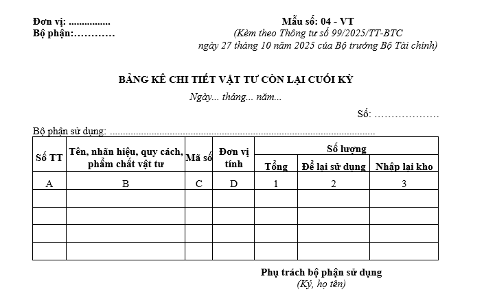 Mẫu bảng kê chi tiết vật tư còn lại cuối kỳ từ 01/01/2026 Mẫu bảng kê chi tiết vật tư còn lại cuối kỳ từ 01-01-2026