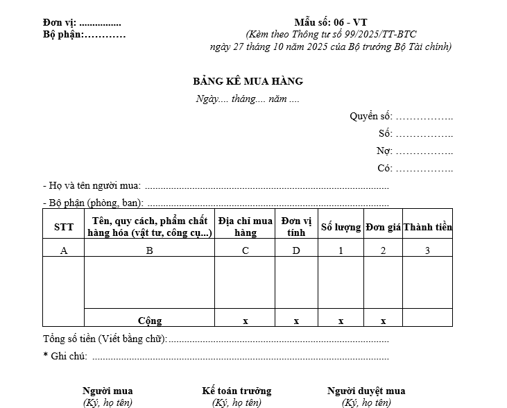 Mẫu bảng kê mua hàng từ 01/01/2026 Mẫu bảng kê mua hàng từ 01-01-2026
