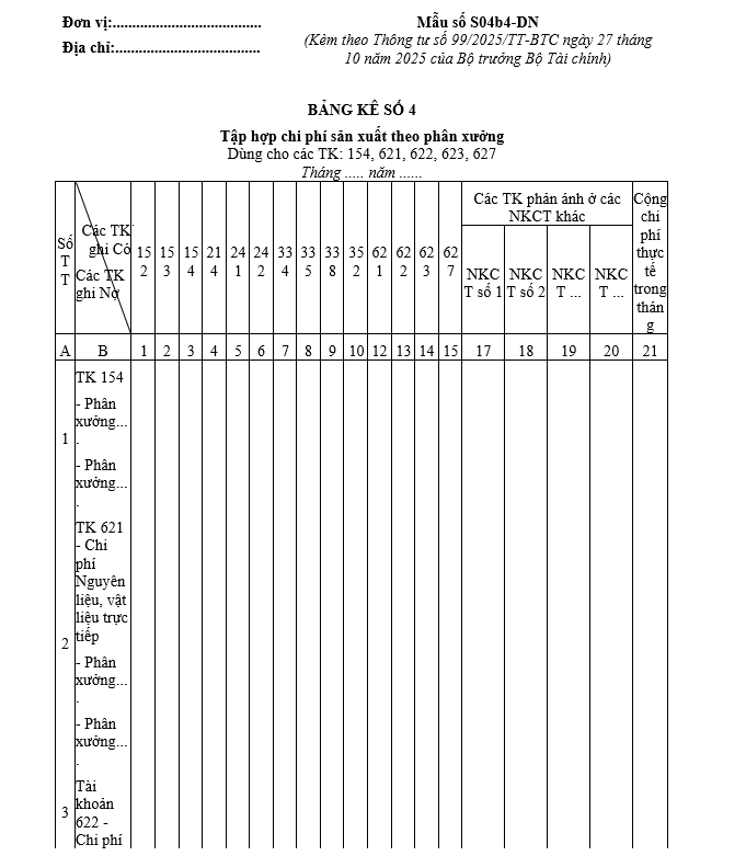 Mẫu bảng kê số 4 từ 01/01/2026 Mẫu bảng kê số 4 từ 01-01-2026
