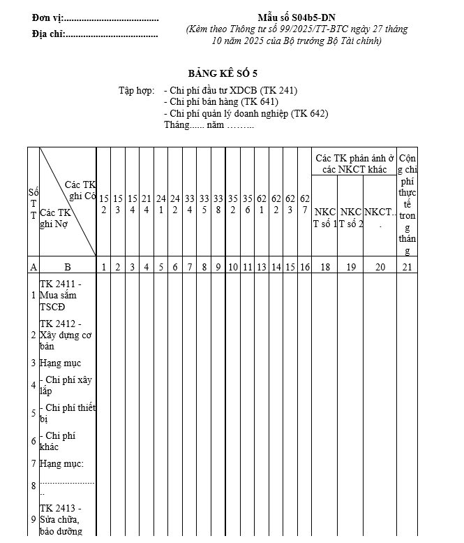 Mẫu bảng kê số 5 từ 01/01/2026 Mẫu bảng kê số 5 từ 01-01-2026