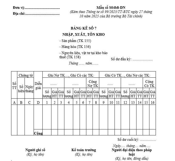 Mẫu bảng kê số 7 từ 01/01/2026 Mẫu bảng kê số 7 từ 01-01-2026