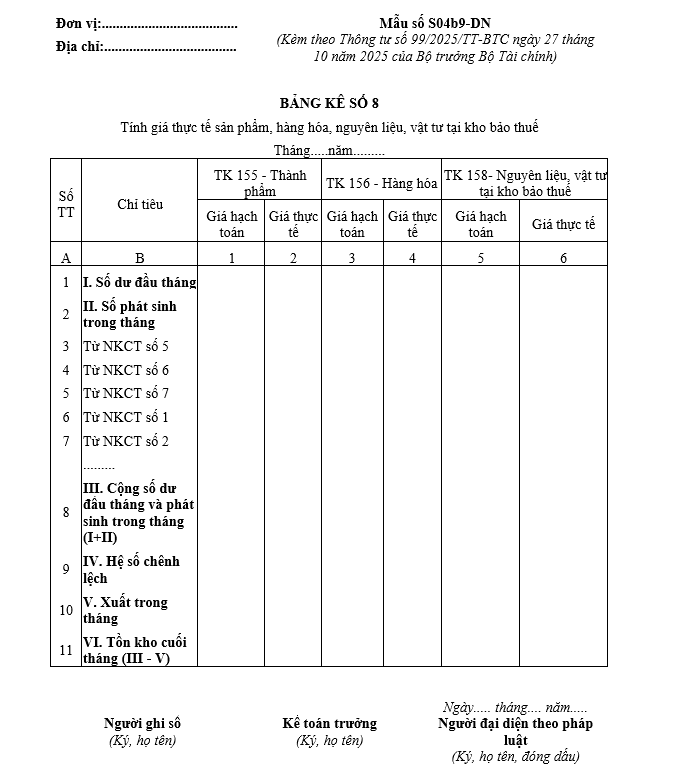 Mẫu bảng kê số 8 từ 01/01/2026 Mẫu bảng kê số 8 từ 01-01-2026