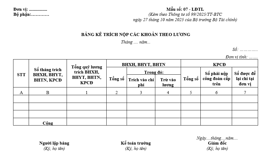 Mẫu bảng kê trích nộp các khoản theo lương từ 01/01/2026 Mẫu bảng kê trích nộp các khoản theo lương từ 01-01-2026