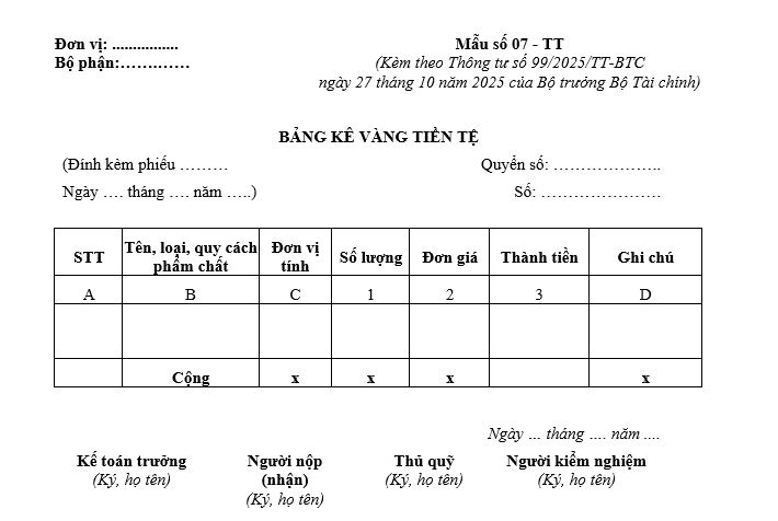 Mẫu bảng kê vàng tiền tệ từ 01/01/2026 Mẫu bảng kê vàng tiền tệ từ 01-01-2026
