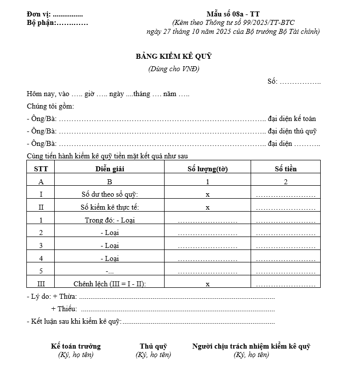 Mẫu bảng kiểm kê quỹ (dùng cho VND) từ 01/01/2026 Mẫu bảng kiểm kê quỹ (dùng cho VND) từ 01-01-2026