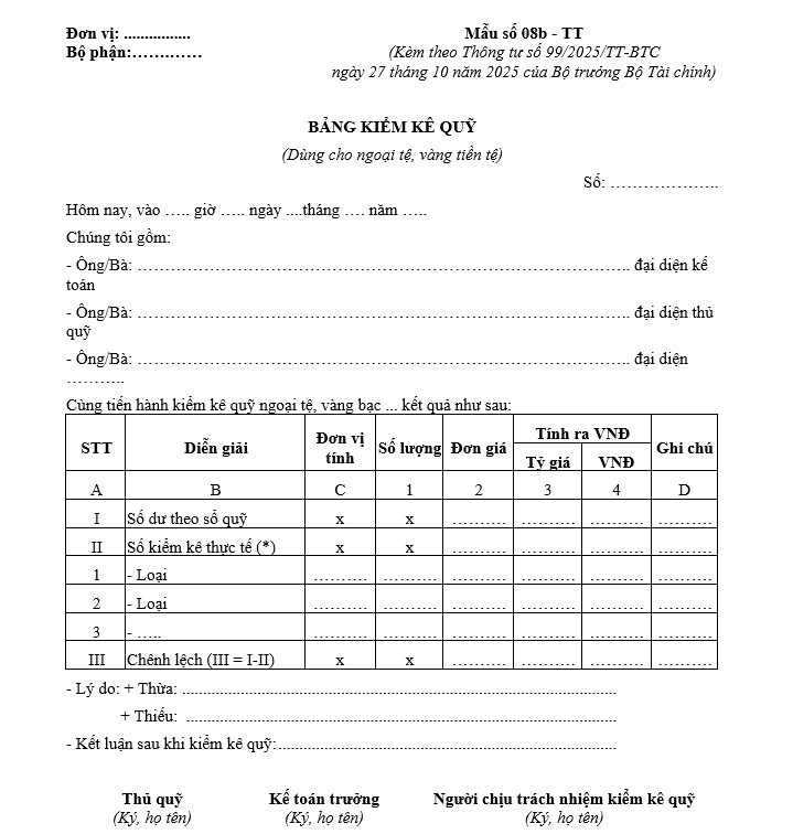 Mẫu bảng kiểm kê quỹ (dùng cho ngoại tệ, vàng tiền tệ) từ 01/01/2026 Mẫu bảng kiểm kê quỹ (dùng cho ngoại tệ, vàng tiền tệ) từ 01-01-2026