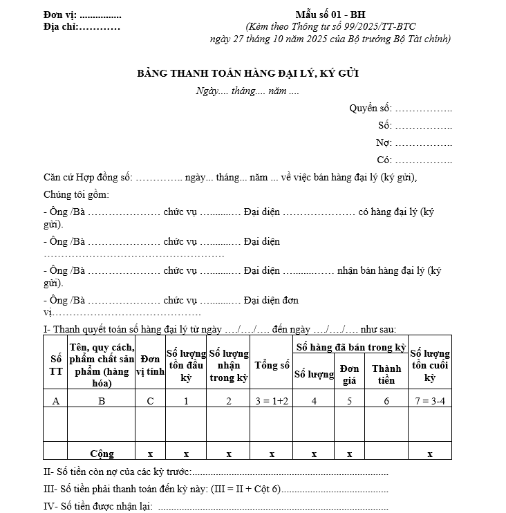 Mẫu bảng thanh toán hàng đại lý, ký gửi từ 01/01/2026 Mẫu bảng thanh toán hàng đại lý, ký gửi từ 01-01-2026