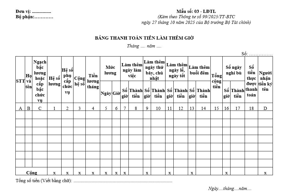 Mẫu bảng thanh toán tiền làm thêm giờ từ 01/01/2026 Mẫu bảng thanh toán tiền làm thêm giờ từ 01/01/2026