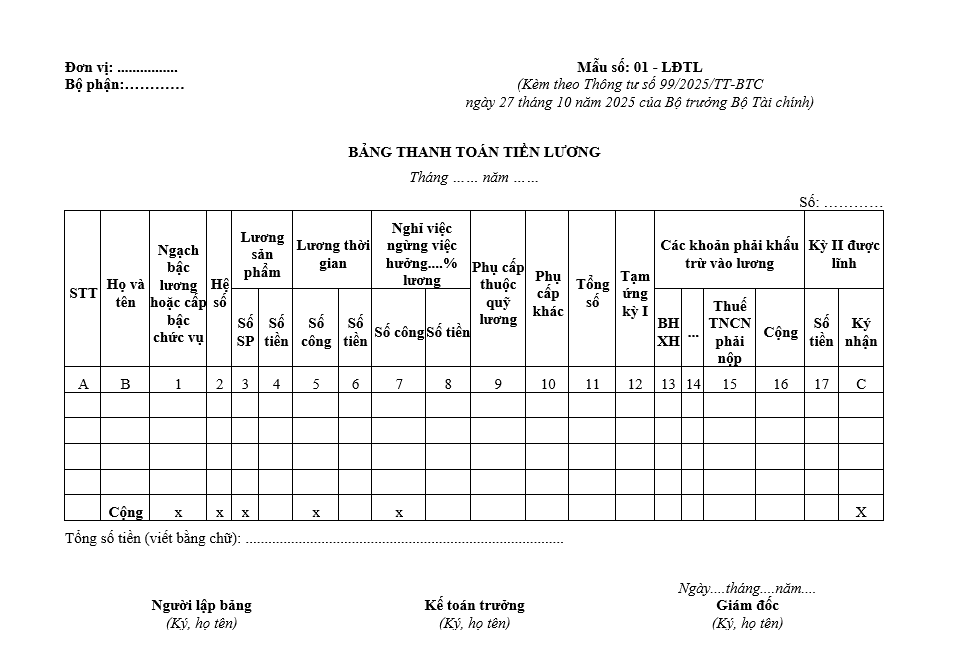 Mẫu bảng thanh toán tiền lương từ 01/01/2026 Mẫu bảng thanh toán tiền lương từ 01/01/2026