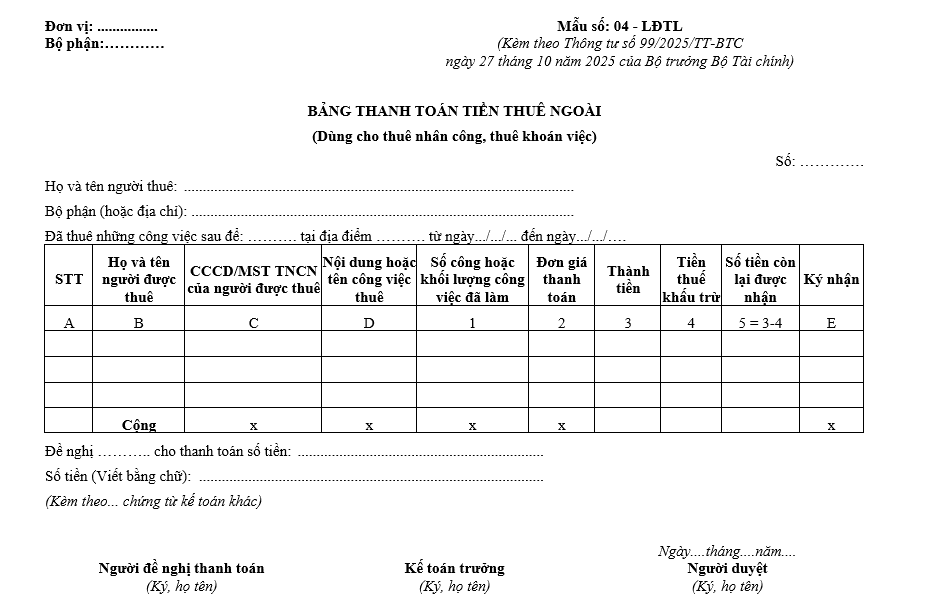 Mẫu bảng thanh toán tiền thuê ngoài từ 01/01/2026 Mẫu bảng thanh toán tiền thuê ngoài từ 01-01-2026