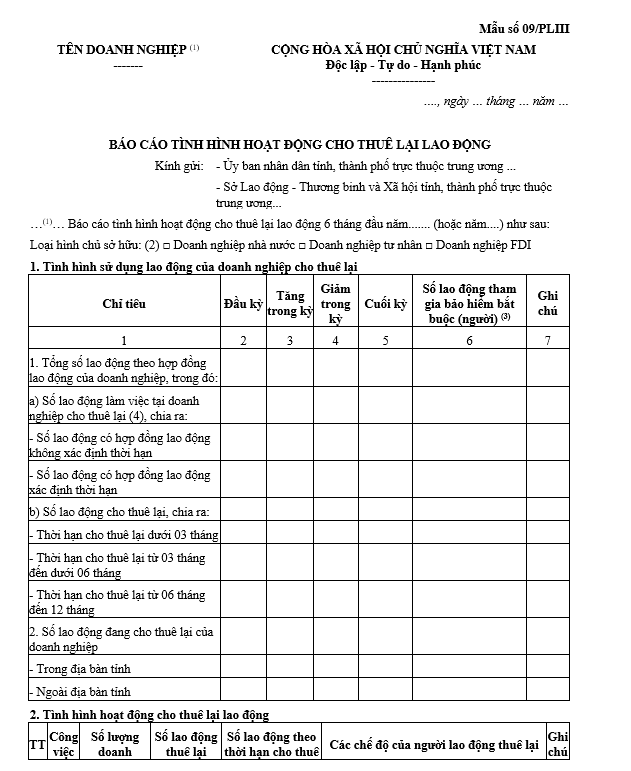 Mẫu báo cáo tình hình hoạt động cho thuê lại lao động Mẫu báo cáo tình hình hoạt động cho thuê lại lao động