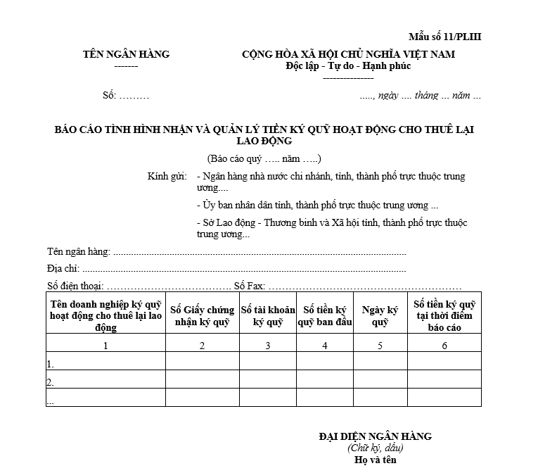Mẫu báo cáo tình hình nhận tiền ký quỹ kinh doanh hoạt động cho thuê lại lao động Mẫu báo cáo tình hình nhận tiền ký quỹ kinh doanh hoạt động cho thuê lại lao động