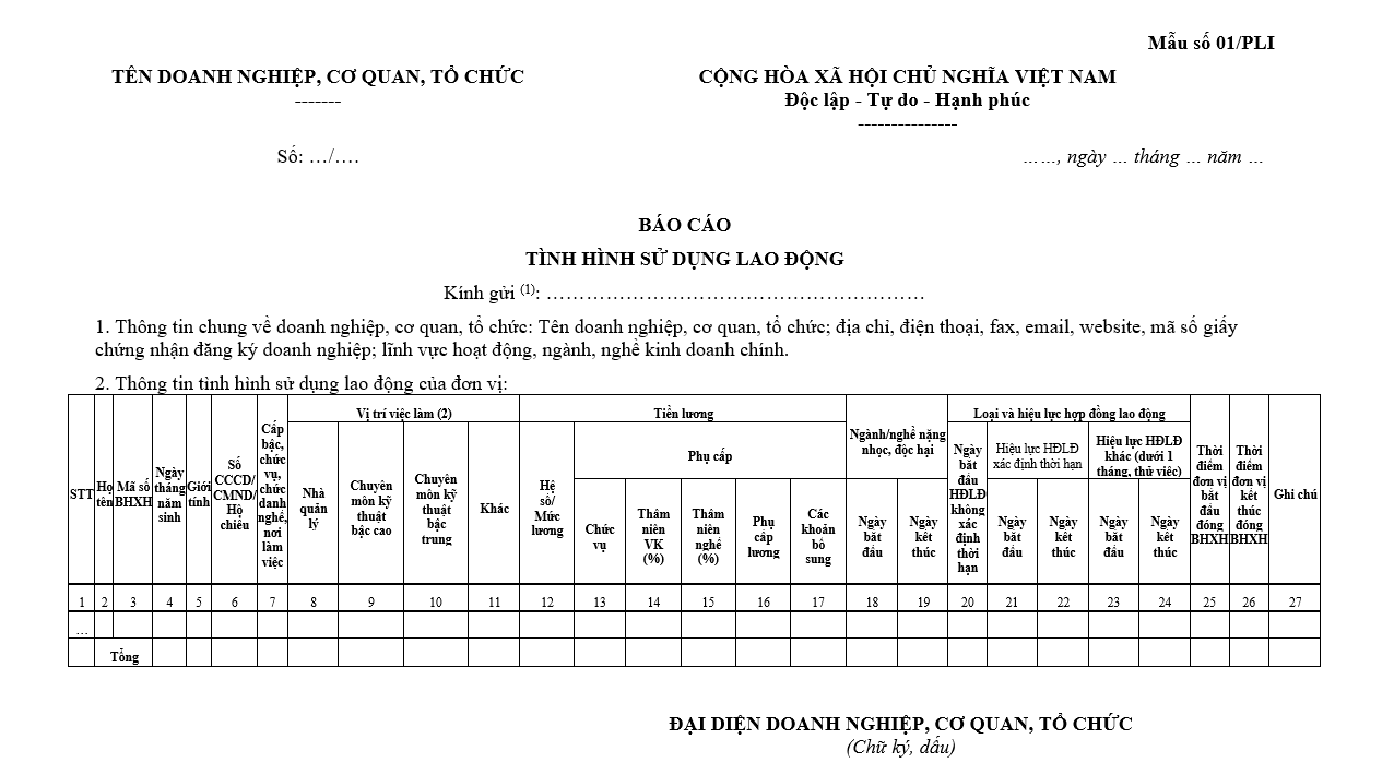 Mẫu báo cáo tình hình sử dụng lao động (do người sử dụng lao động lập) Mẫu báo cáo tình hình sử dụng lao động (do người sử dụng lao động lập)