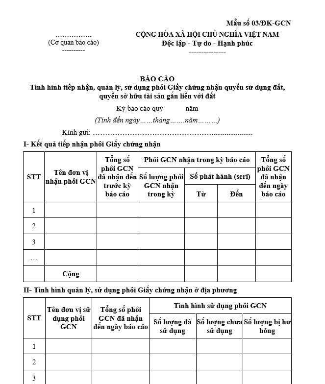 Mẫu báo cáo tình hình tiếp nhận, quản lý, sử dụng phôi Giấy chứng nhận quyền sử dụng đất, quyền sở hữu tài sản gắn liền với đất