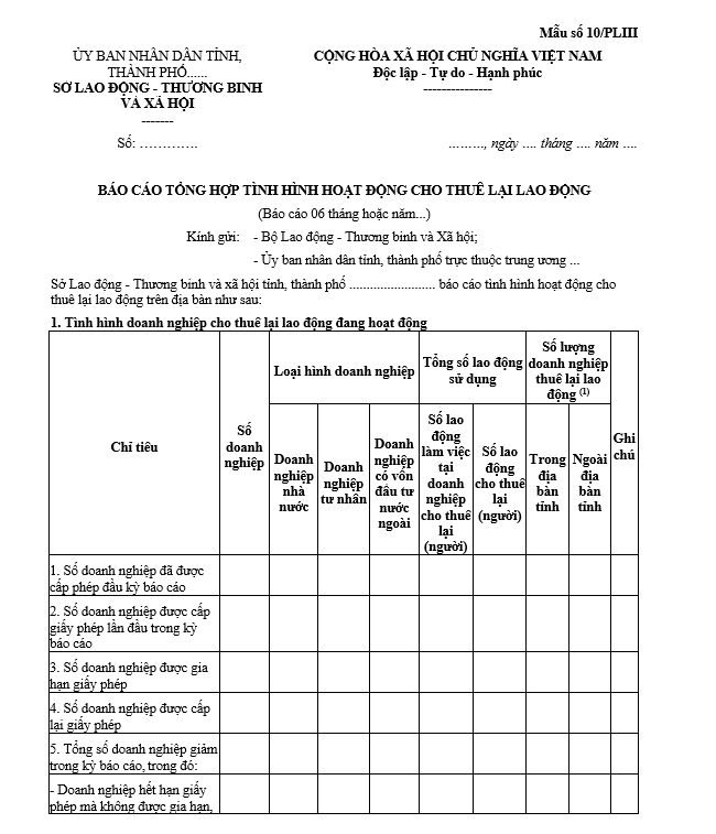 Mẫu báo cáo tổng hợp tình hình hoạt động cho thuê lại lao động Mẫu báo cáo tổng hợp tình hình hoạt động cho thuê lại lao động